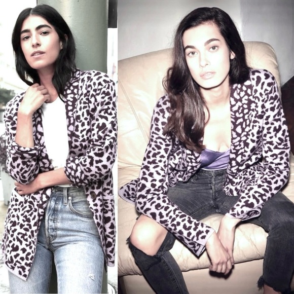 NATION LTD Kelly Blazer Leopard Cardigan Sweater Knit Jacket Wool Black Brown M - Picture 3 of 16